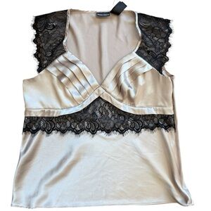 Bisou Bisou Vintage Silky Lacy Sesame with Black Lace Trim 14‎ NWT